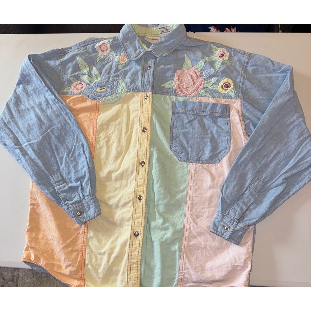 Styles To Go Button Down Shirt Womens 12 Multicolor Pastel Floral Embroidered - Picture 2 of 11